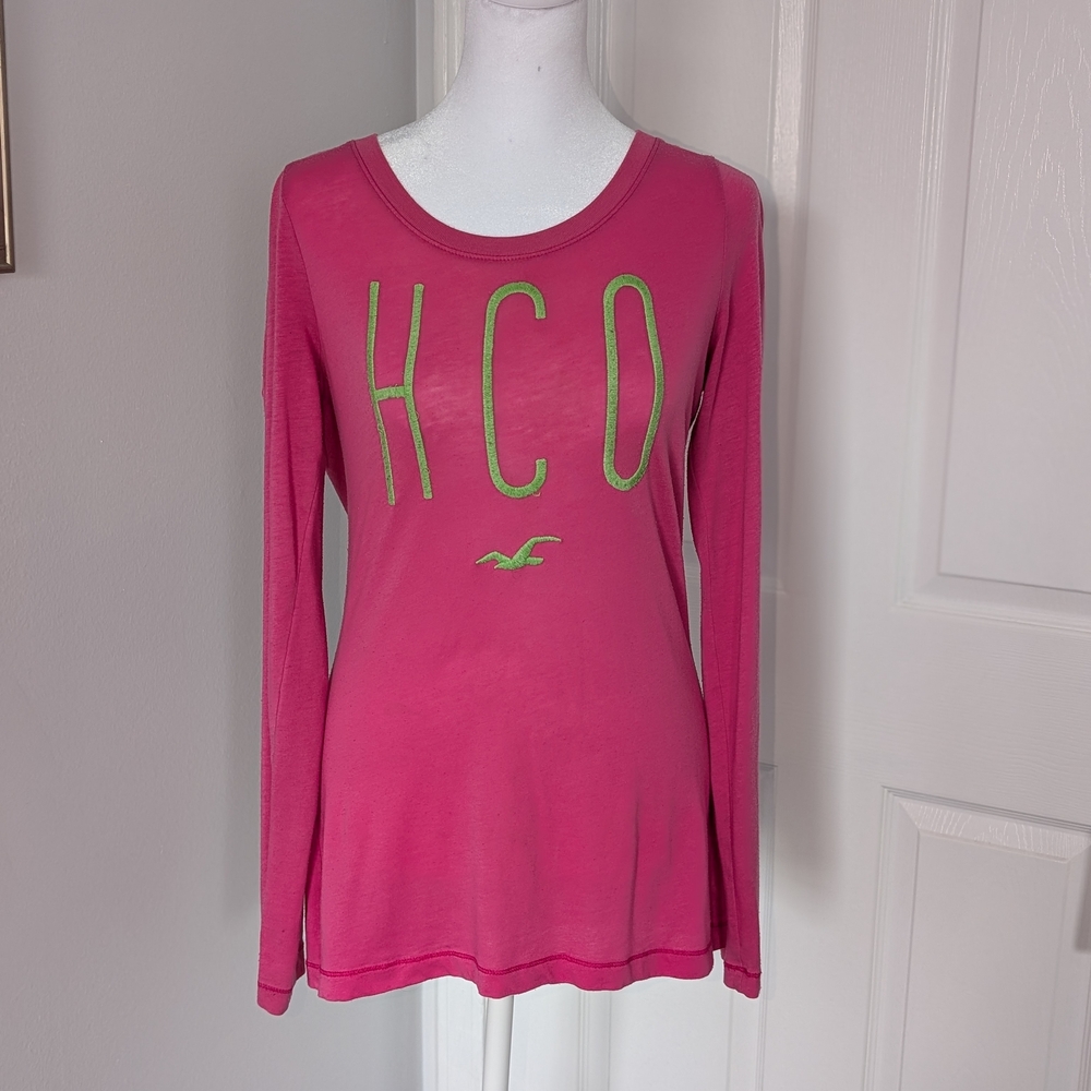 Hollister California Ladies Cotton HCO Pink and Green Long Sleeved Tee Shirt